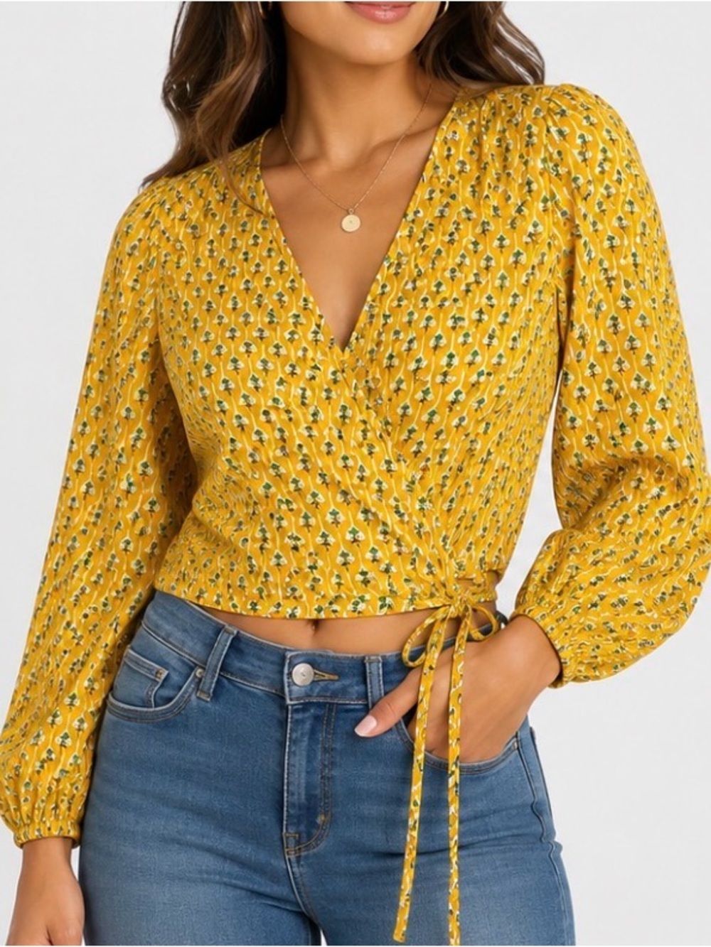 Yellow Floral Wrap Crop Top - Women